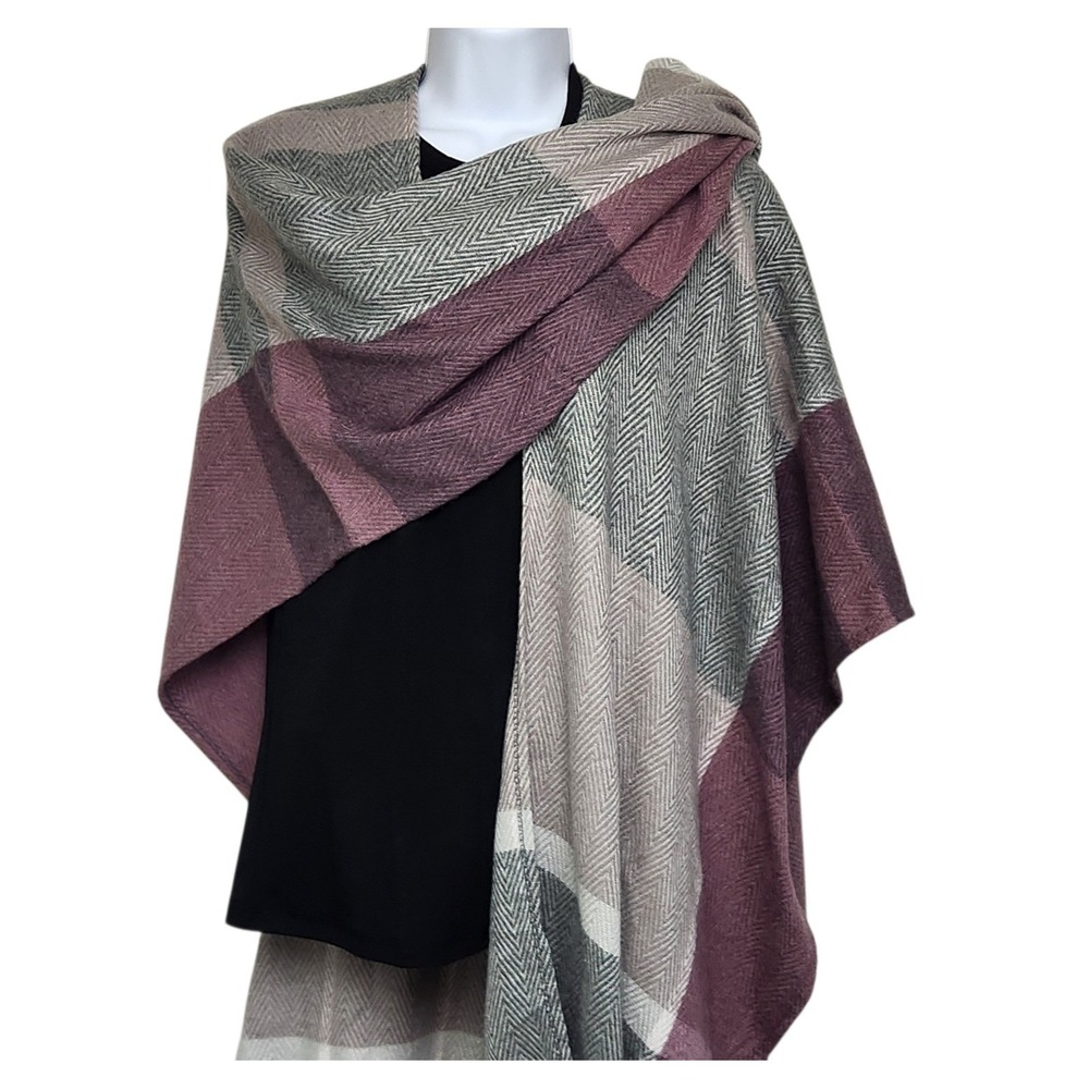Woolrich Poncho Wrap Shawl Burgundy‎ Grey Herringbone Plaid Fringe 32"x40"